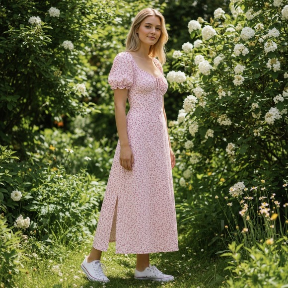 Trixxi Clothing Company Dresses & Skirts - Trixxi Women L Pink Floral Midi Dress Cottagecore Coquette Puff Sleeve Smocked